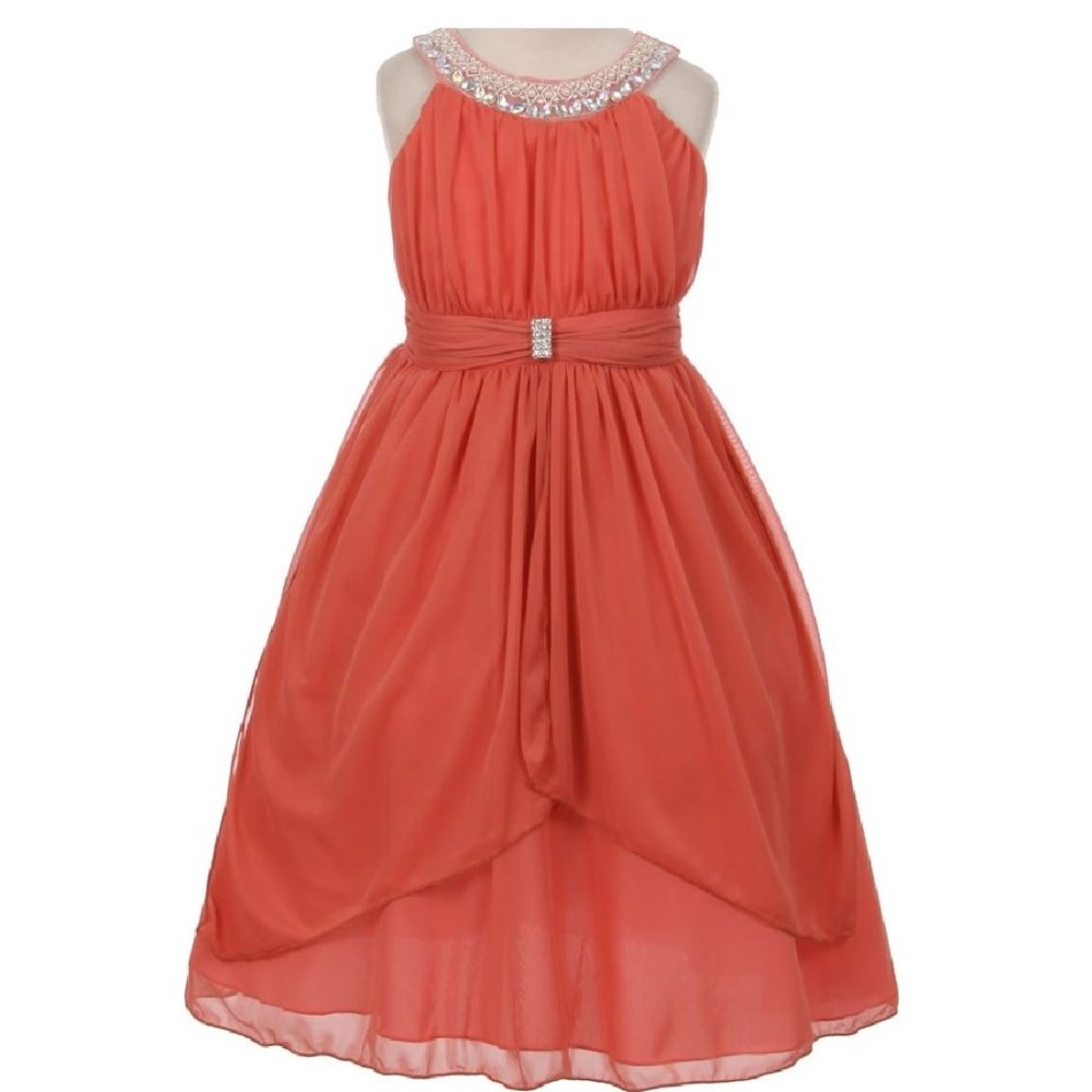 Little Girls Chiffon Beaded Neck Trim Design Graduation Flower Girl Dress